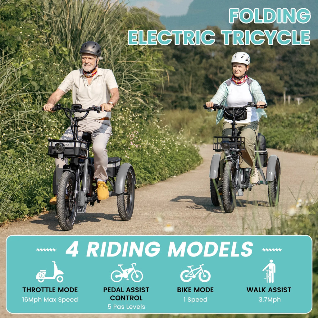 MOONCOOL TK1 Folding Electric Tricycle for Adults,48V 14.5Ah Removable battery, 500W（Peak 1000w）Motor, 20" Fat Tire Step-Thru 3Wheel Electric Bicycle w/Front&Rear Baskets, Certified to UL 2849 by SGS