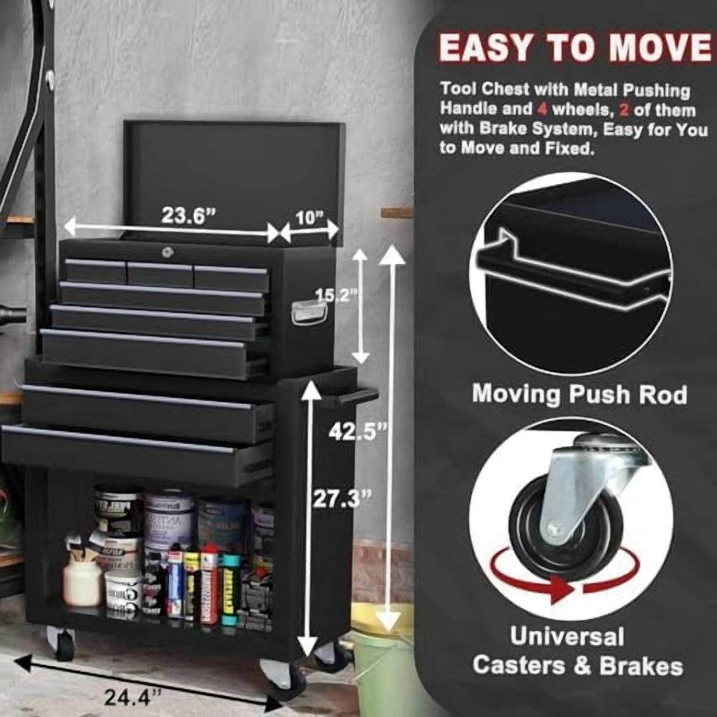 8-Drawer Rolling Tool Chest with Detachable Top Tool Box, Lockable Metal Tool Cabinet, and Liner, Heavy-Duty Storage Organizer with Wheels and 6 Hooks for Garage, Workshop, Green