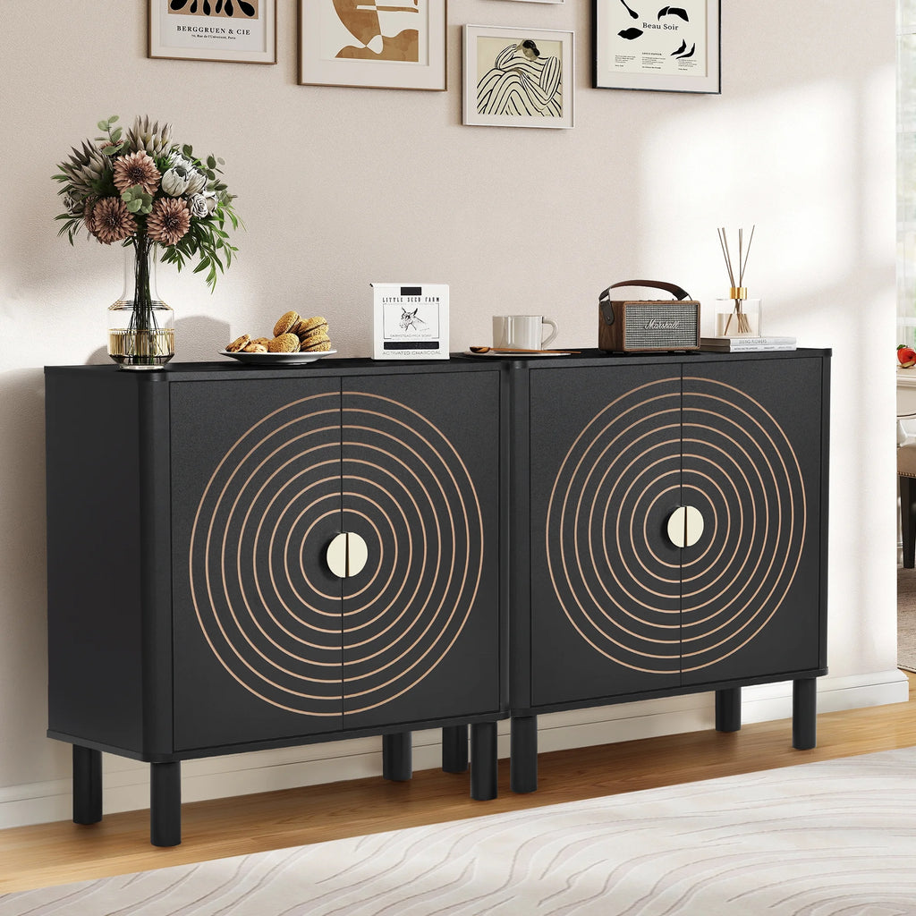 Accent Cabinet with Round Carved Line Door for Entryway Hallway, Walnut Sideboard Buffet Cabinet, Storage Cabinet with Adjustable Shelves for Living Room