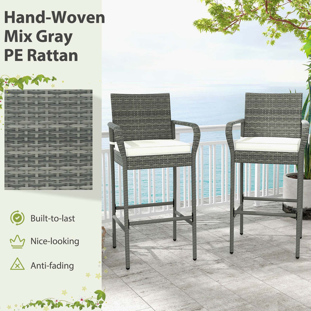 Costway Patio Wicker Barstools Set of 2 with Armrests & Soft Cushions Stable Metal Frame