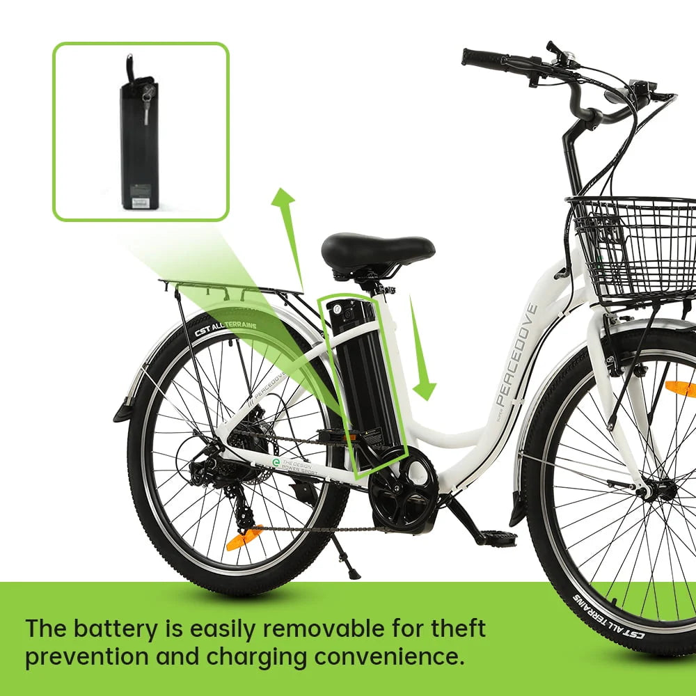 26 Inch 36V 10AH 350W City Bike Electric Bicycle e-bike White with Basket 7 Speed Step Through Commuter for Women Girls