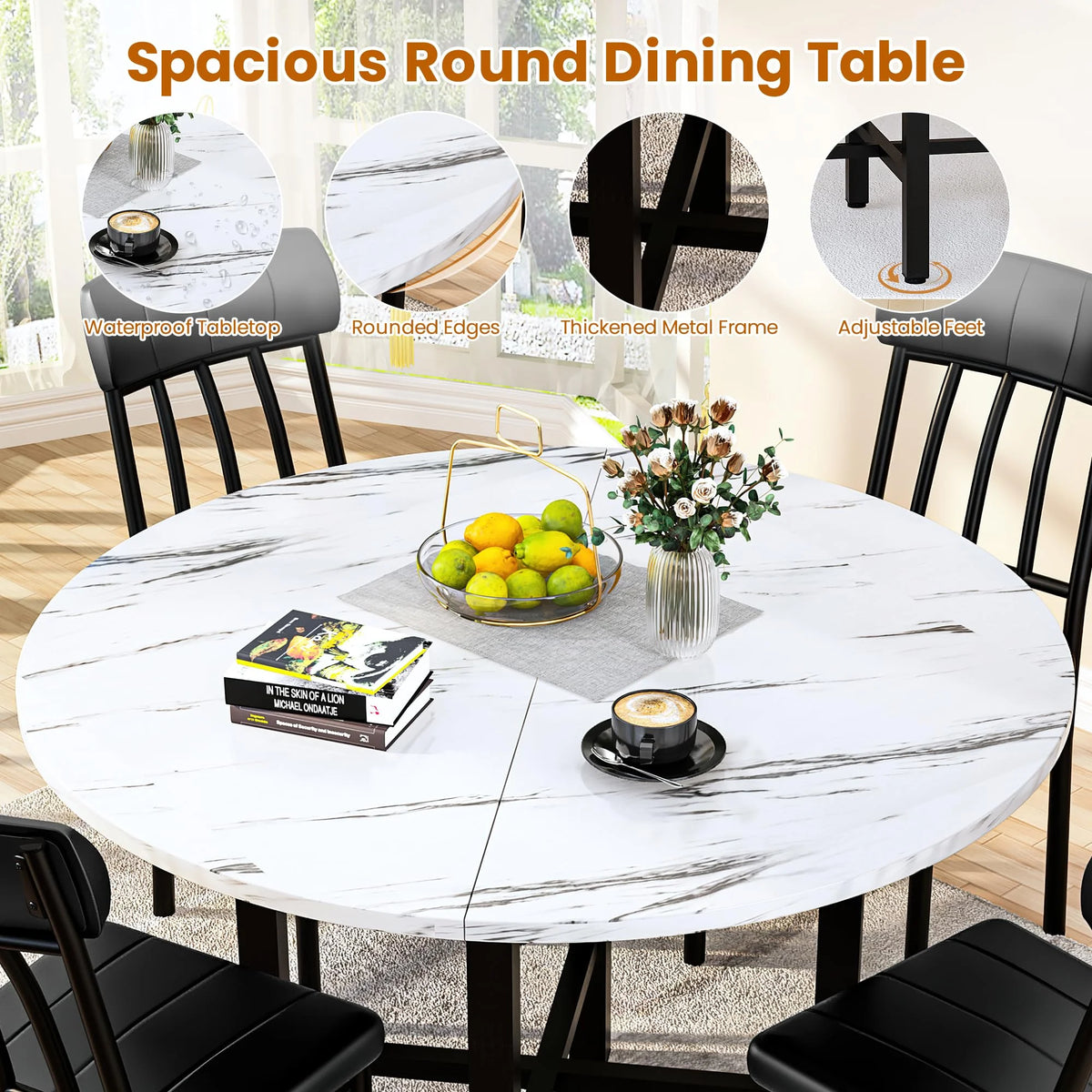 Furlinkhm Round Dining Table Set for 4, Wood Round Kitchen Table and Chairs Set for 4, Modern Dining Room Table Set with 4 Faux Leather Chairs, Round Dinner Table for Small Space, Walnut