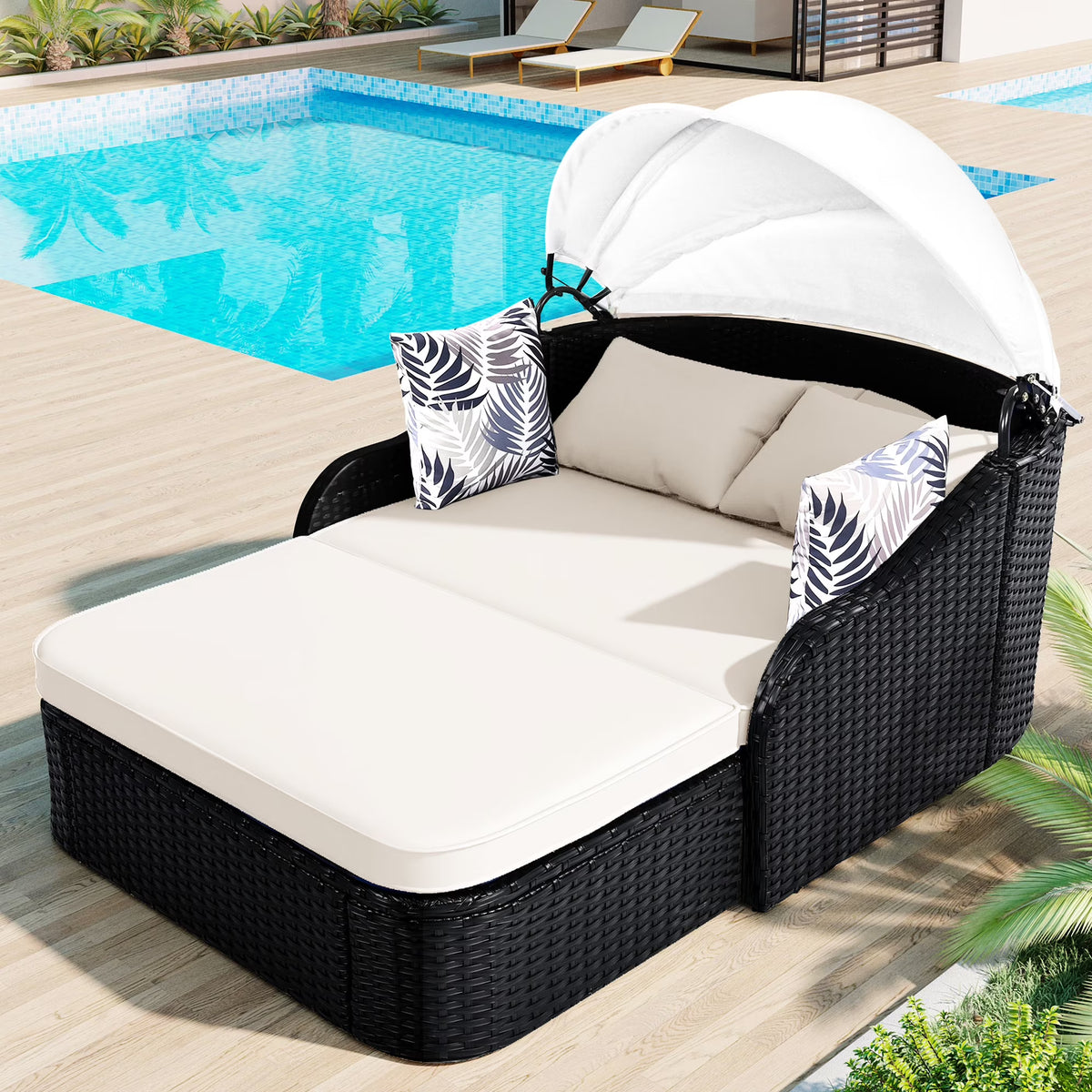 Outdoor Sun Lounger With Adjustable Canopy And Relaxing Pillow - Pe Black Blue Cushion 79.9" Daybed Cozy