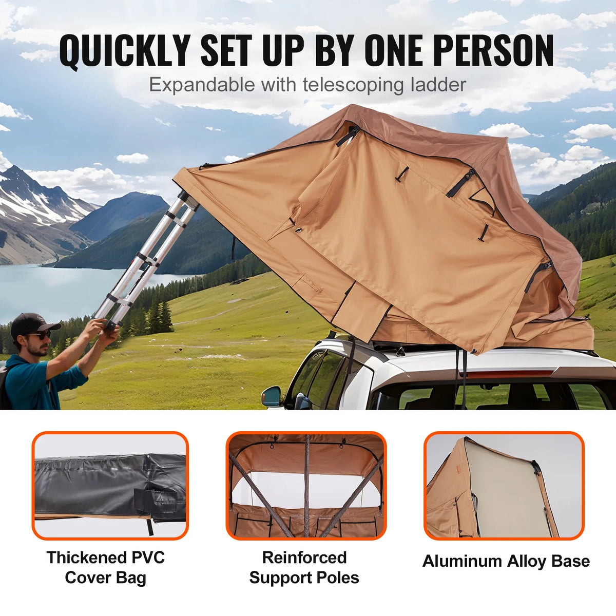 VEVOR Rooftop Tent Hard Shell, Naturnest Rooftop Tent Hardshell for 2-3 Person, Folding Hard Shell Roof Top Tent with Telescopic Ladder Mattress PVC Cover Bag, Waterproof for Jeep SUV Van Truck