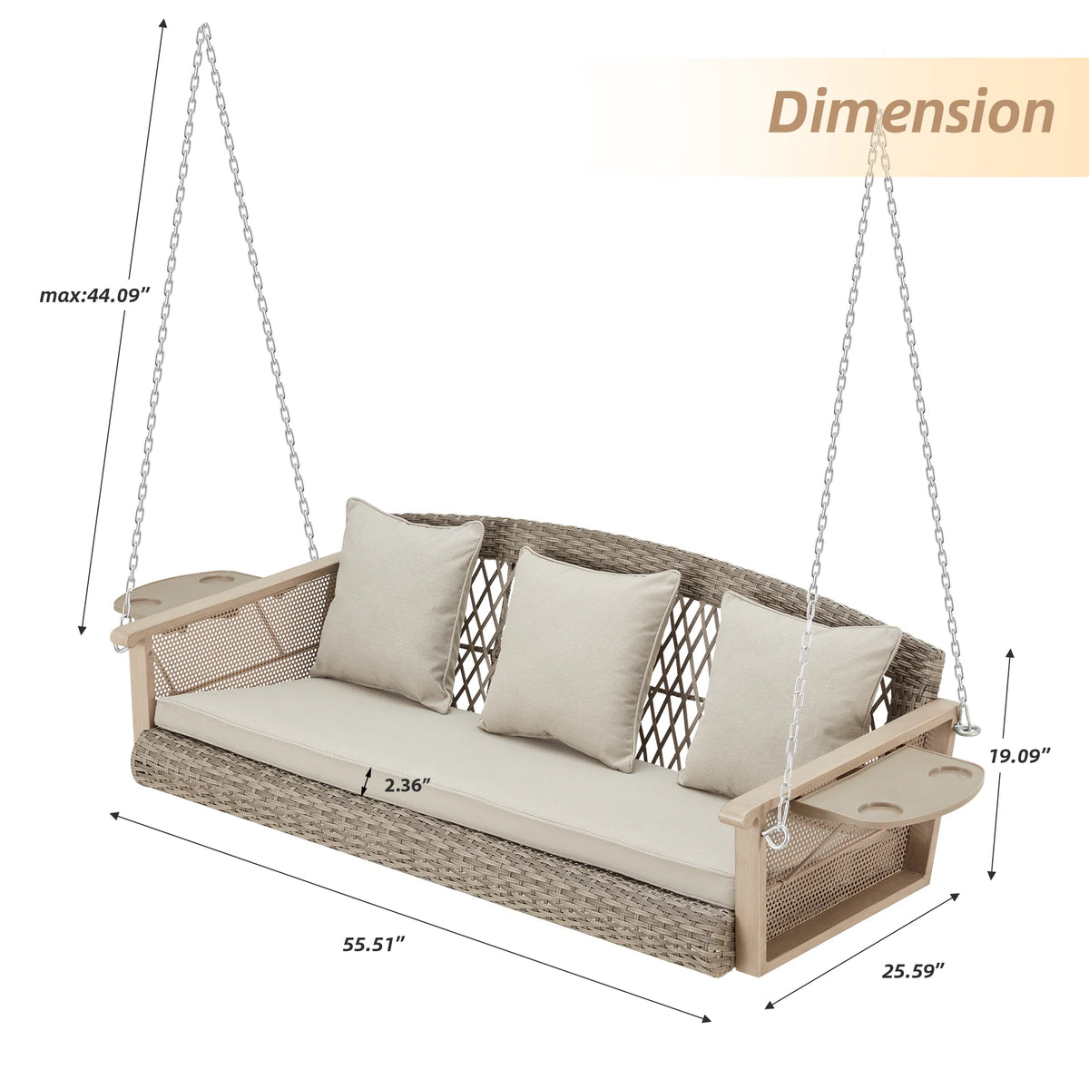 Homrest 3-Person Porch Swing 55in Wicker Hanging Swing Bench with Cushions and Cupholders for Deck, Garden and Backyard, Beige