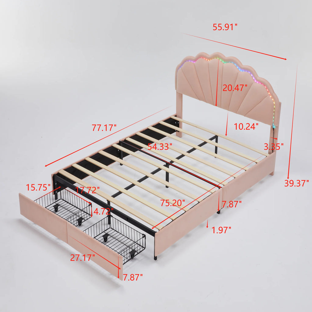PORKISS Full Size LED Bed Frame with Drawers, Velvet Upholstered Bed, Princess Platform Bed with Chic Double Petal Headboard for Adults Teens, Pink