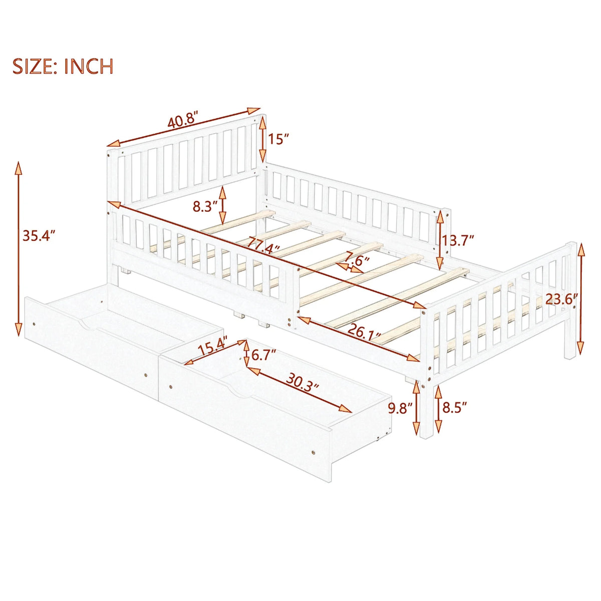 Bellemave Twin Bed with Storage Drawers and Fence Rails, Wood Platform Beds Frame with Headboard, Twin Size Storage Bed for Kids Boys Girls Teens White)