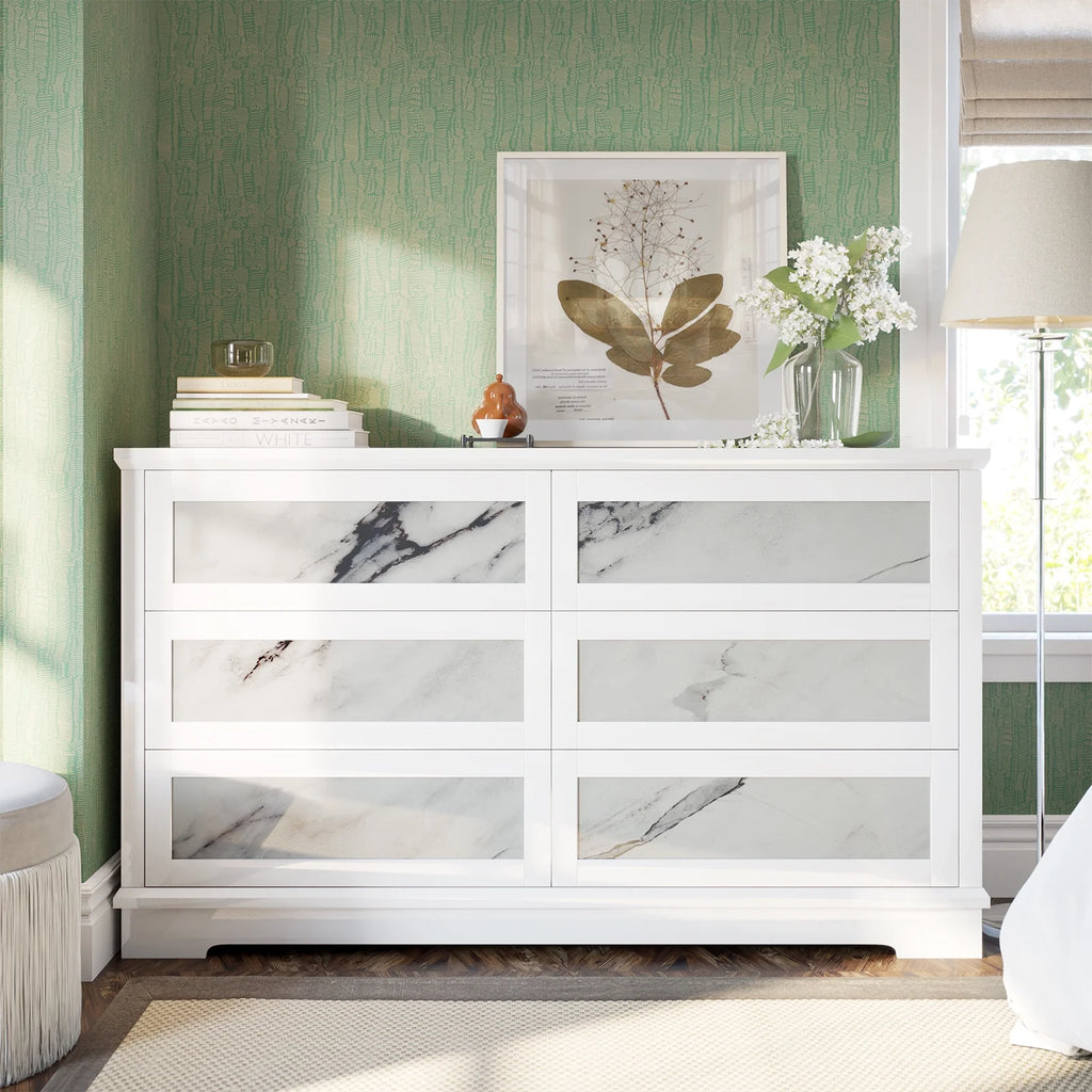 LUXOAK High-Gloss 6 Drawer Dresser, 54" Marble Chest of Drawers, Modern, White