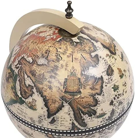 Green & Brown Tabletop Globe Wine Stand - Eucalyptus Wood with Antique Replica Frescoes and 16th  Nautical Maps - Assembly Required