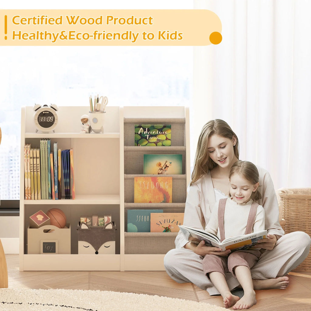 Hironpal Small 3 Tier Kids Bookshelf with 4 Layer Sling Adjustable Book Display Shelf for Nursery Playroom Kids Baby Bedroom