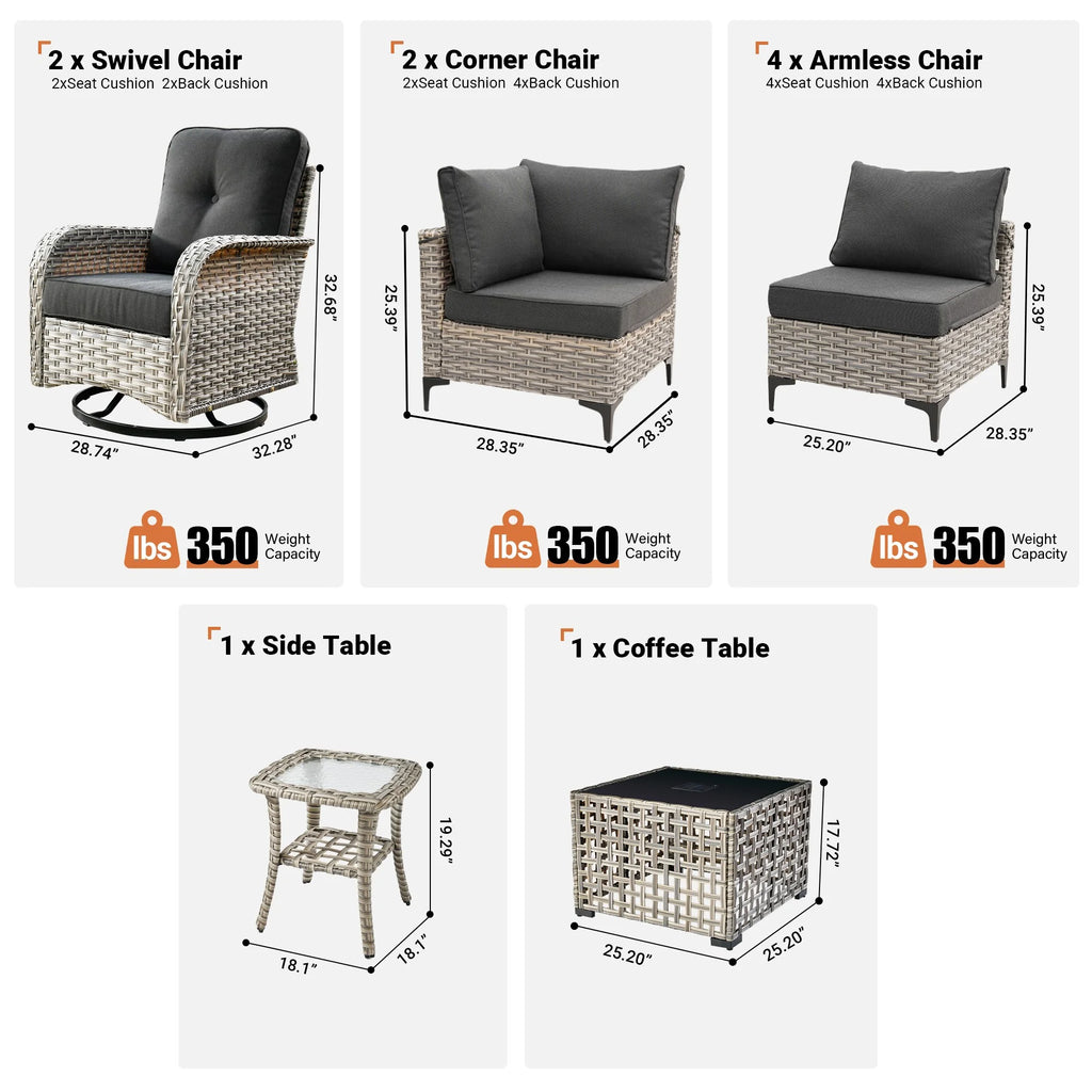 Vcatnet Outdoor Patio Furniture Sets 10 Pieces Sectional Sofa Wicker Conversation Set with Swivel Glider Chairs and Solar Powered Coffee Table for Porch,Backyard,Gray