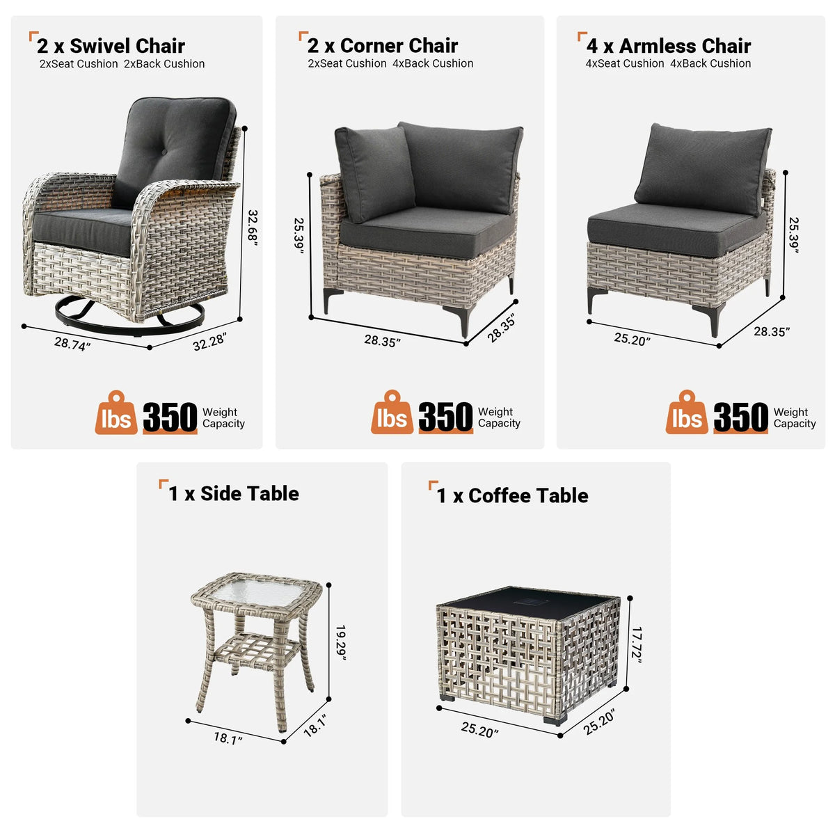 Vcatnet Outdoor Patio Furniture Sets 10 Pieces Sectional Sofa Wicker Conversation Set with Swivel Glider Chairs and Solar Powered Coffee Table for Porch,Backyard,Gray