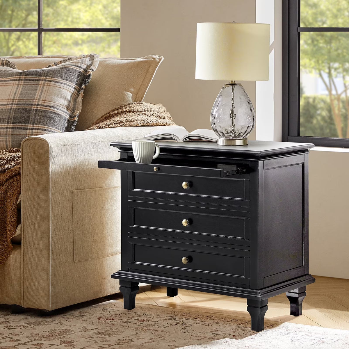 Farmhouse 3 Drawers Nightstand with Tray Bedside Table with Charging Station Acorn