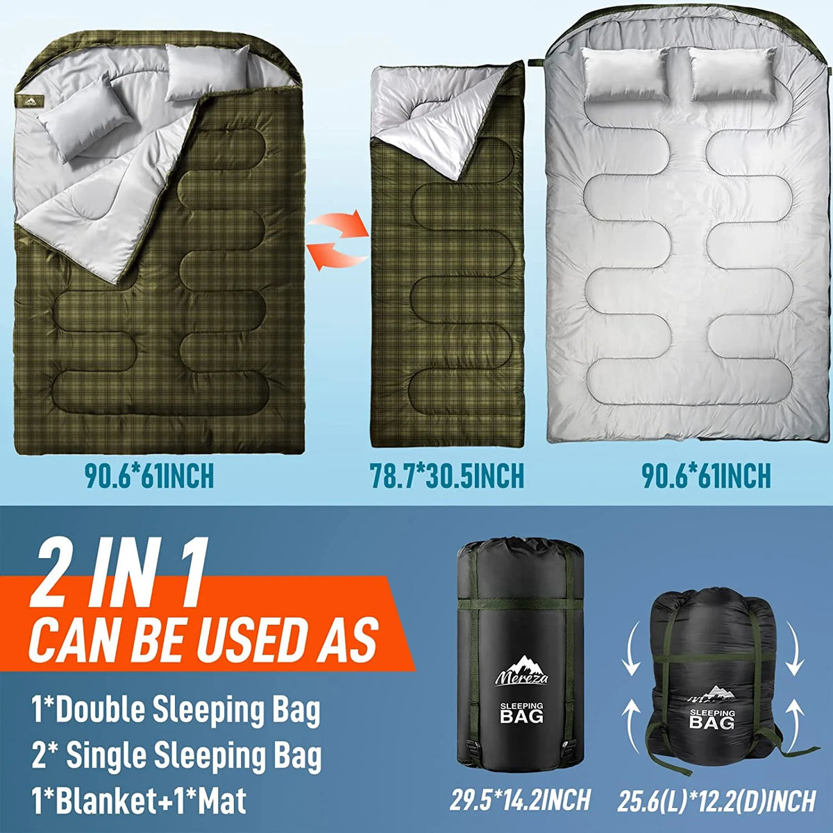 Double Sleeping Bag for Adults Mens with Pillow, XL Queen Size Two Person Sleeping Bag for All Season Camping Hiking Backpacking 2 Person Sleeping Bags for Cold Weather & Warm
