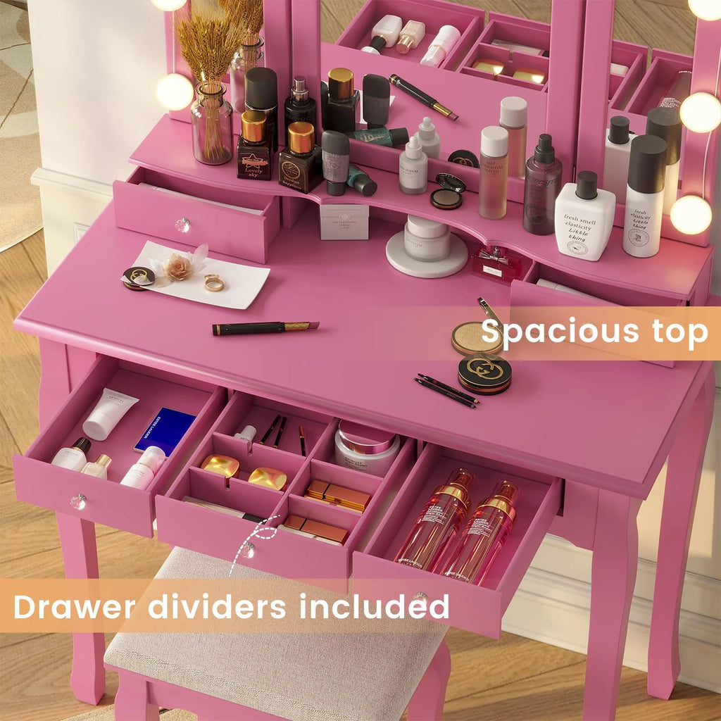 Afuhokles Vanity Table Set with Lighted Tri-Fold Mirror and Stool, Makeup Vanity Dressing Desk 5 Drawers, White