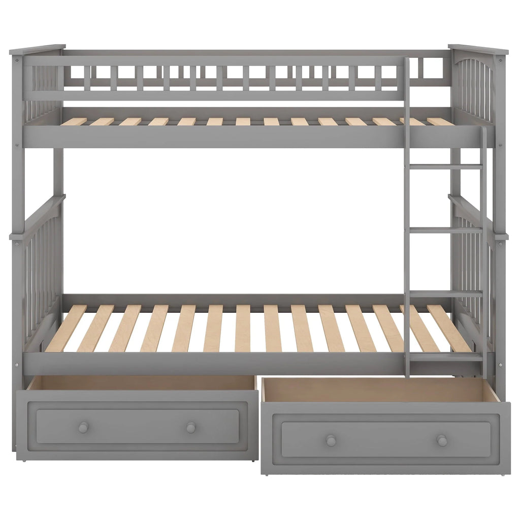 Euroco Pine Wood Bunk Bed with Storage 2 Drawers, Twin-over-Twin Bunk Bed with Safety Rail and Ladder for Kids, Conveted into 2 Single Beds, Sapce-Saving Design, Gray
