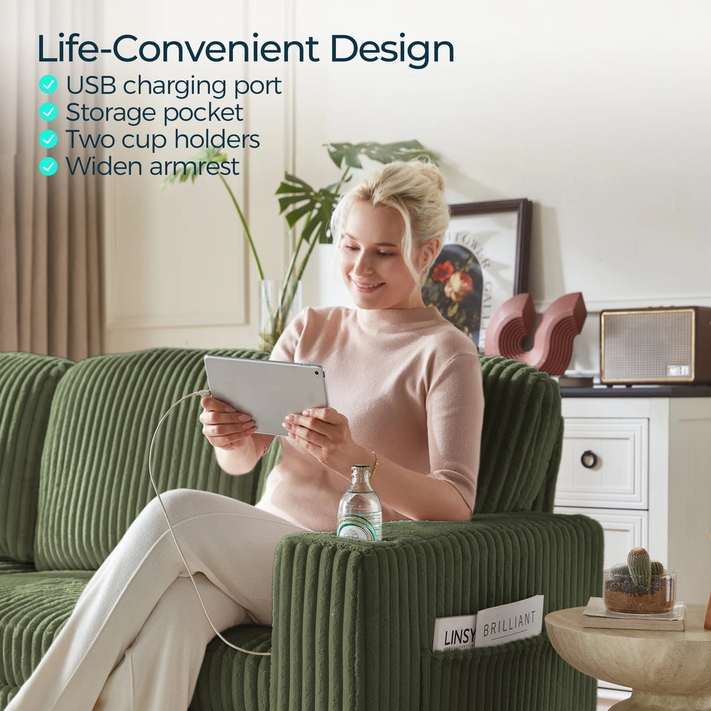 Linsy Home Plush Corduroy Pull Out Couch Chaise Lounge, Convertible Loveseat Sofa Couch With Usb & Cup Holder, Green