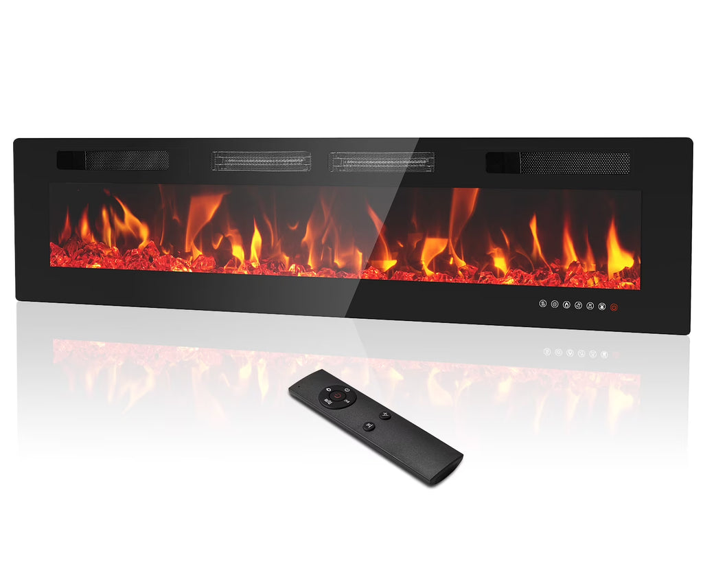 Dovov 50" Wall Mounted Electric Fireplace, Recessed Mirrored Fireplace Heater 750/1500W Ultra Thin Linear Fireplace with Remote Control, Touch Screen, Timer, 2 Heat Fans, Multicolor Flame
