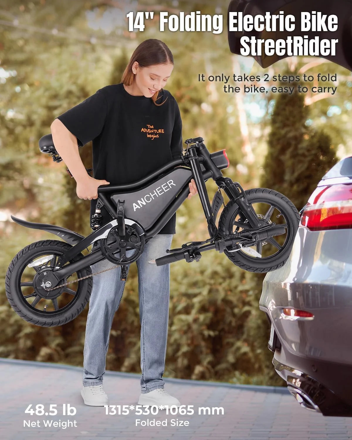 ANCHEER Peak 500W Electric Bike for Adults, Foldable Electric Bikes with 48V 374Wh Battery, 14" Electric Bicycle for Men Women, LCD Digital Display, Cruise Control Ebikes, Dual Suspension Fork UL2849