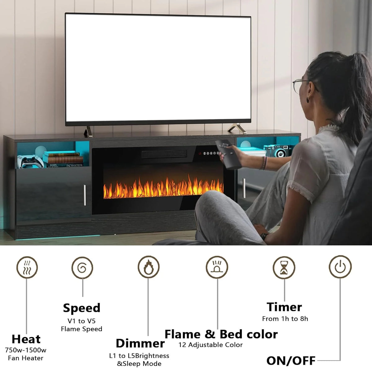 Waleaf Fireplace tv Stand with 36 inch Fireplace Up to 80" TVs,LED Light Entertainment Center and Storage