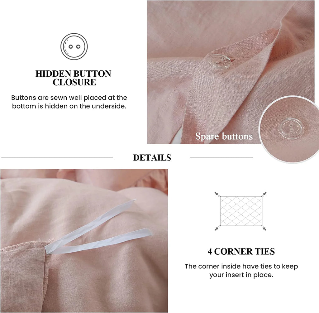 Simple&Opulence 100% Washed Linen Duvet Cover Set-3 Pieces Shabby Chic Premium Ruffled Bedding with 1 Comforter Cover and 2 Pillowshams France Flax High End Frill Sets Vintage Style(King, White)