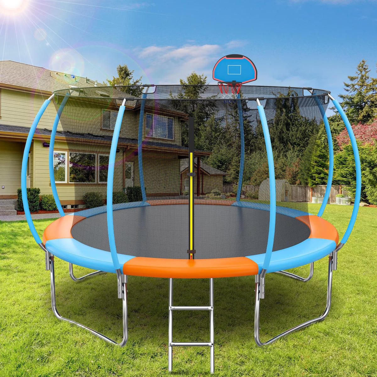 Trampoline Outdoor, 14FT Kids Trampoline with Enclosure Net and Ladder, Upgrade All-Weather Round Trampoline Curved Design with 5 Heavy-Duty Steel Legs