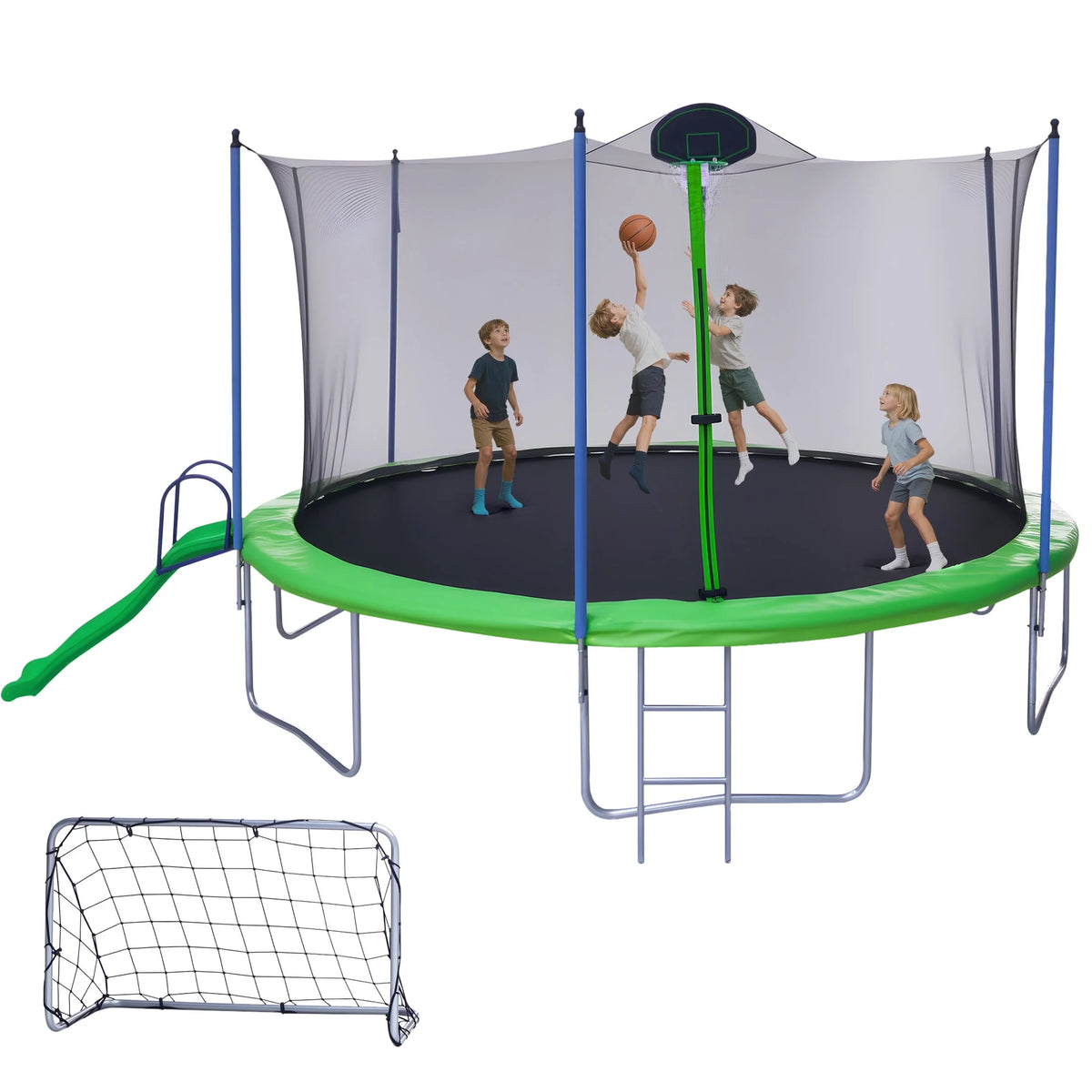 12FT Trampoline with Slide, Swings, SEGMART Recreational Trampoline with Basketball Hoop and Ladder, Heavy Duty Outdoor Backyard Trampoline with Net for Kids and Adults, Green