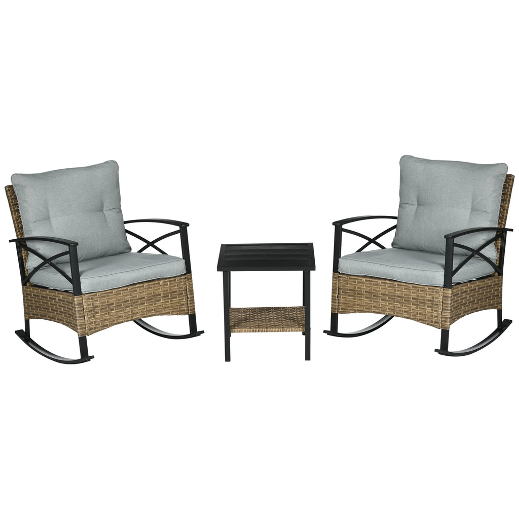 Outsunny 3pc Rocking Chair Set w/ Cushions, Wicker Bistro Set, Blue