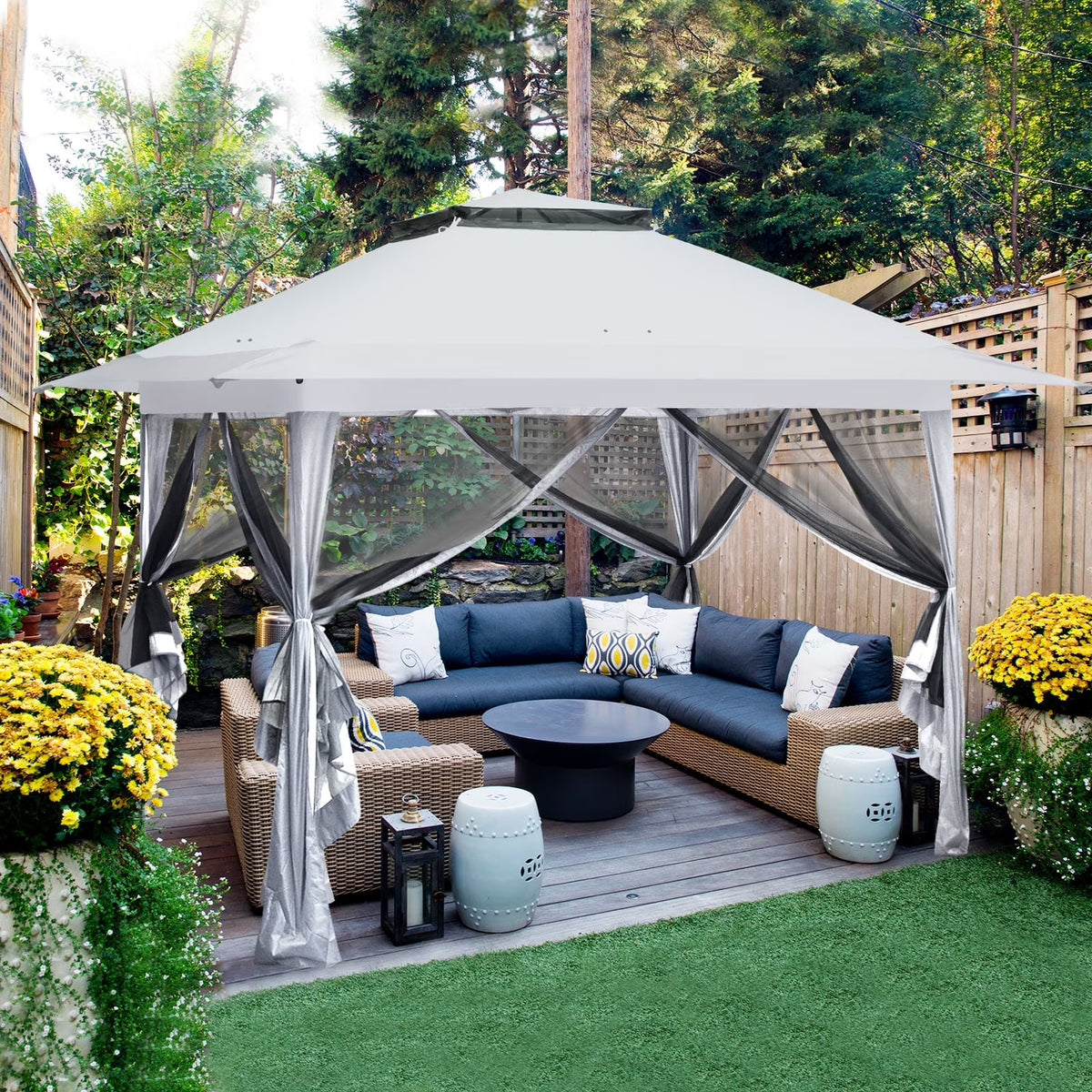 EAGLE PEAK 13' x 13' Pop-Up Gazebo Tent Instant w/Mosquito Netting，Outdoor Gazebo Canopy Easy Set-up Folding Shelter (Beige/Brown)