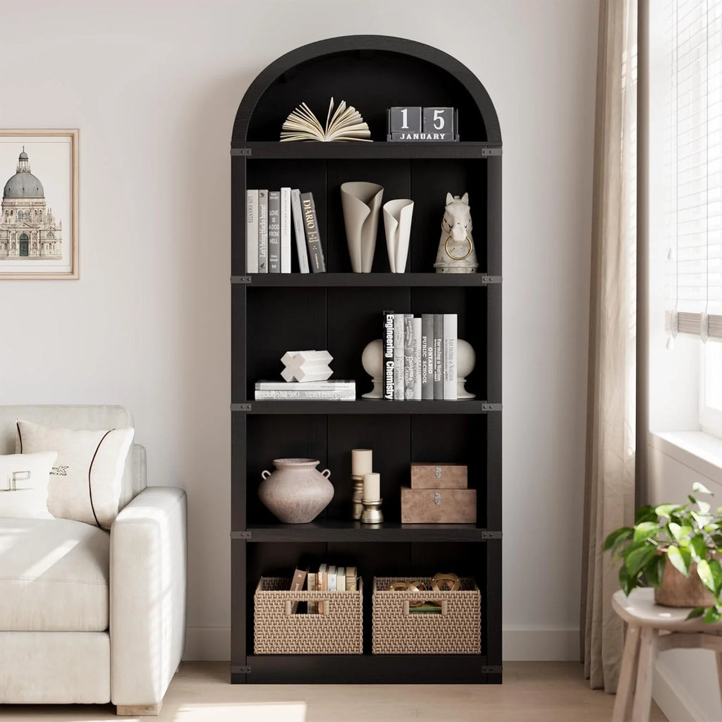 Bookcase 5 Shelf Arched Bookshelf 71.65in Tall Bookcase Farmhouse Display Storage Rack Wooden Bookshelves for Home Office, Living Room(white)