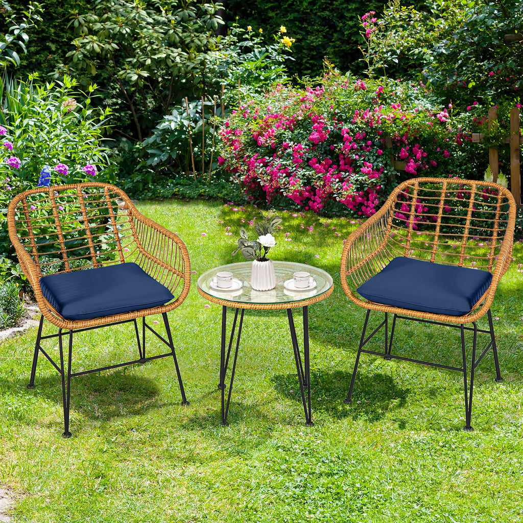 Costway 3PCS Patio Rattan Bistro Furniture Set Cushioned Chair Table Navy