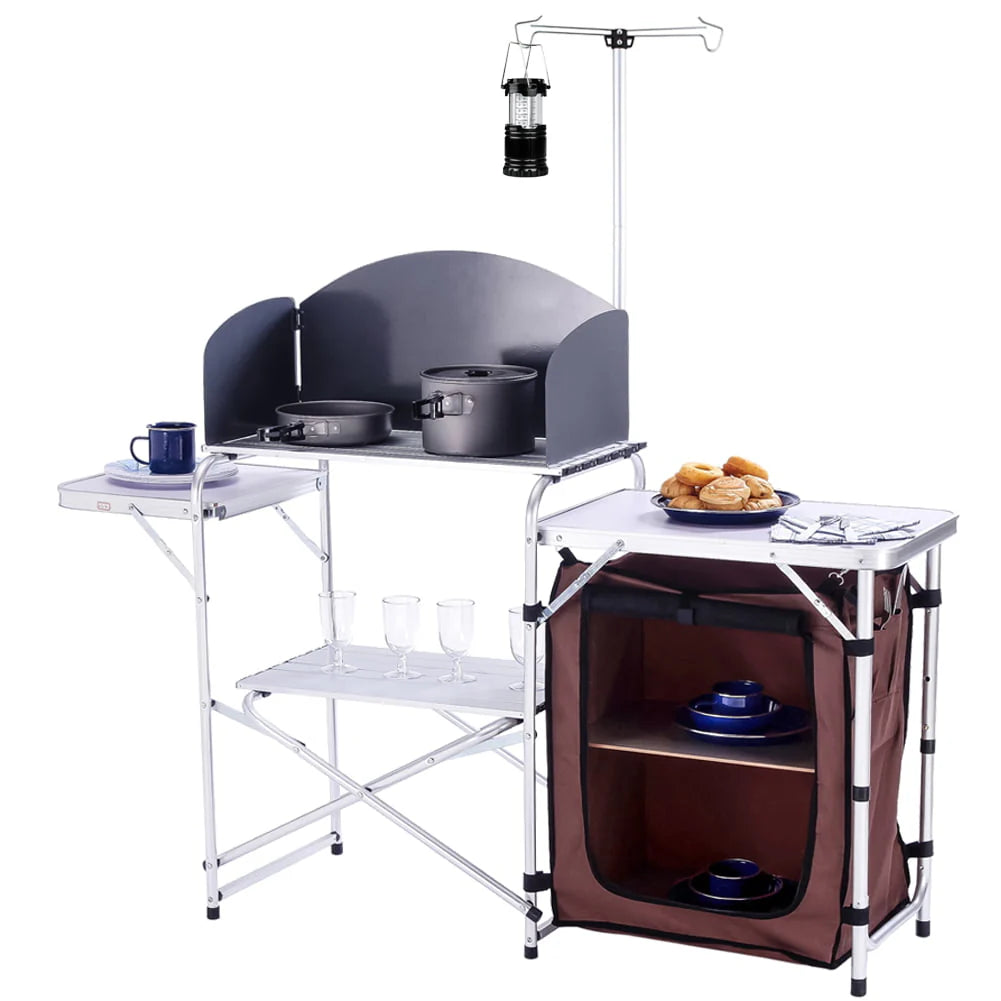 Folding Cooking Table Outdoor Portable Cook Station Aluminum Camping Kitchen with Storage Organizer,Silver