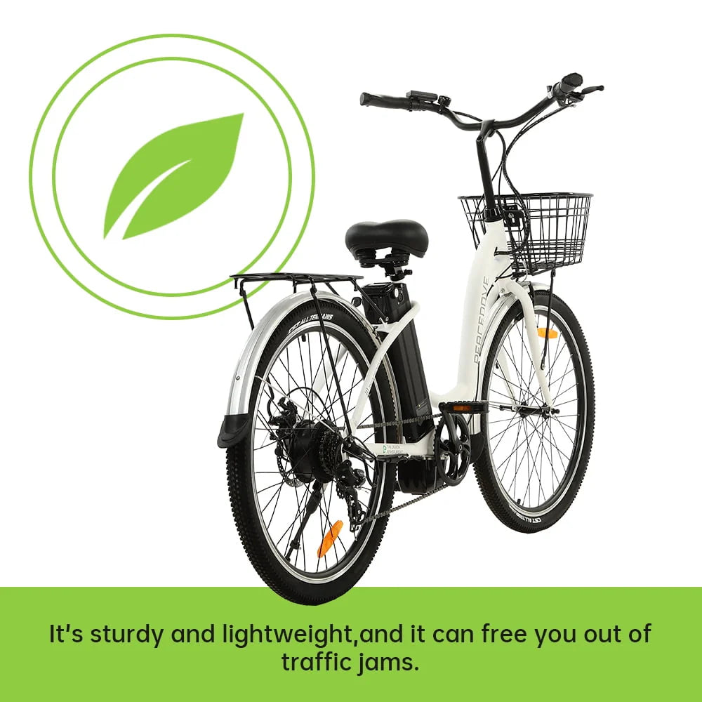 26 Inch 36V 10AH 350W City Bike Electric Bicycle e-bike White with Basket 7 Speed Step Through Commuter for Women Girls