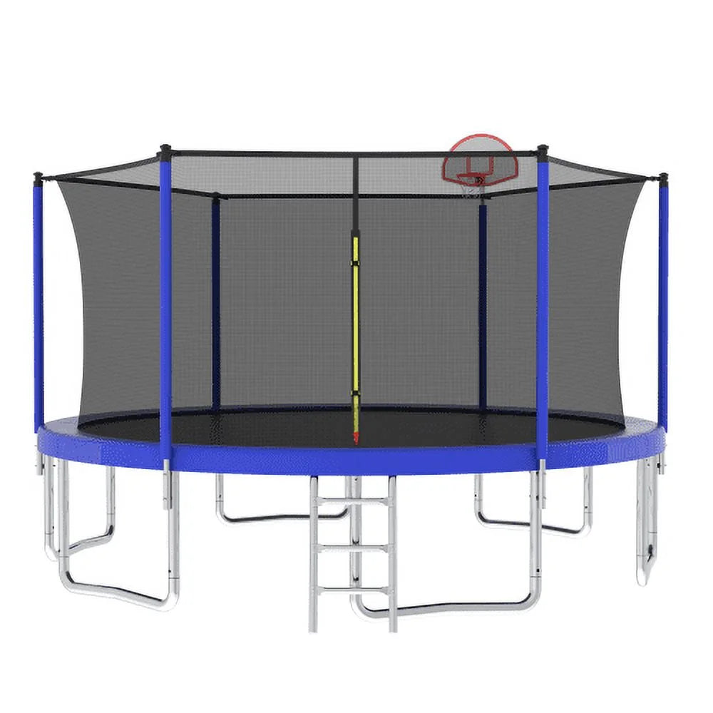 14FT Trampoline for Kids and Adults,Outdoor Large Recreational Trampoline with Ladder and Basketball Hoop,Blue