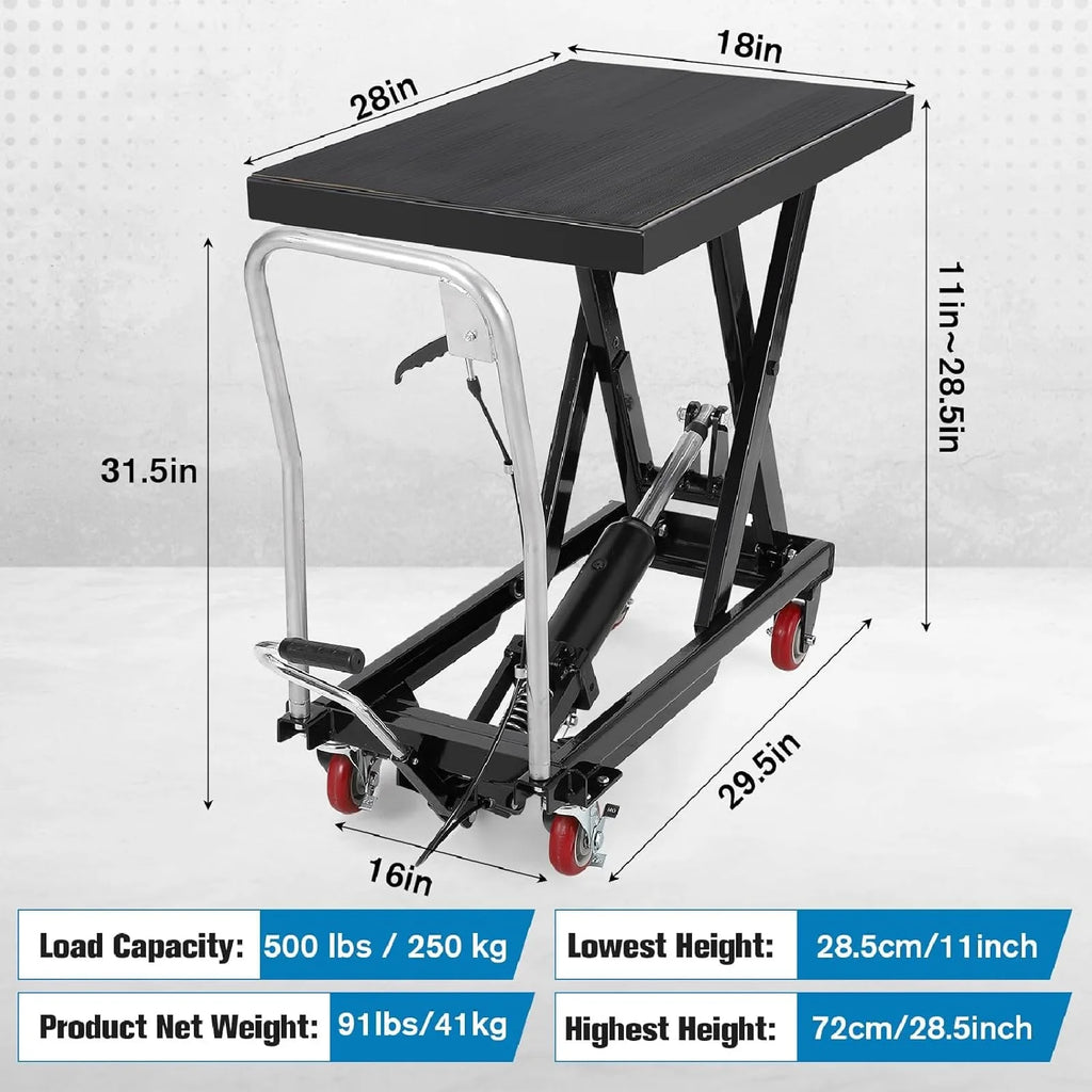 M optimized Hydraulic Lift Table, 500 Lbs Capacity Hydraulic Table Cart, Single Scissor Lift Cart 28.5 Inch Lifting Height with 4 Wheels and Non-Slip Pad for Material Handling, Black
