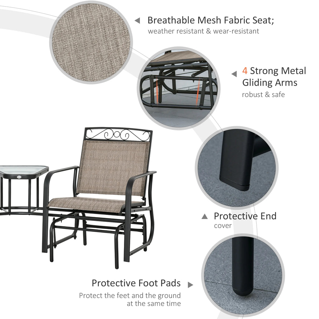 Outsunny Outdoor Glider Chairs with Coffee Table, Patio 2-Seat Rocking Chair Swing with Breathable Sling for Backyard, Garden and Porch, Black