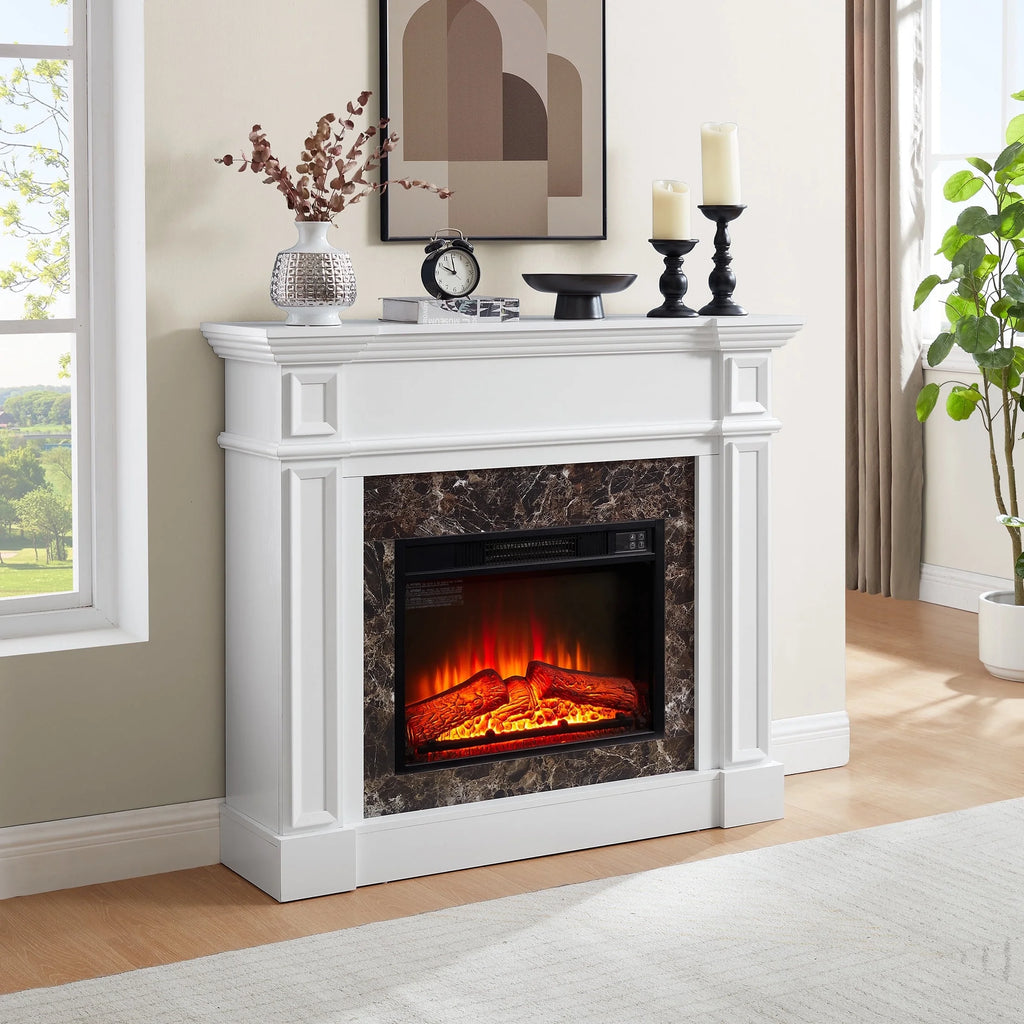 IMKHK Fireplace with Mantel, 46" Freestanding Electric Fireplace Heater with Stacked Stone Surround, TV Stand with Fireplace, Remote Control, Adjustable Flame Level for Living Room, 1400W, Brown