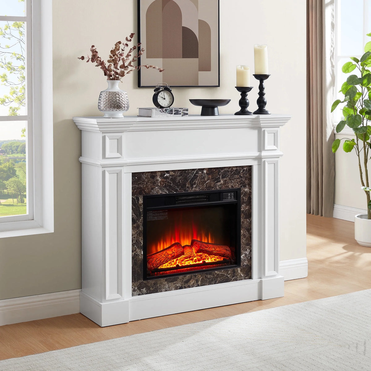IMKHK Fireplace with Mantel, 46" Freestanding Electric Fireplace Heater with Stacked Stone Surround, TV Stand with Fireplace, Remote Control, Adjustable Flame Level for Living Room, 1400W, Brown