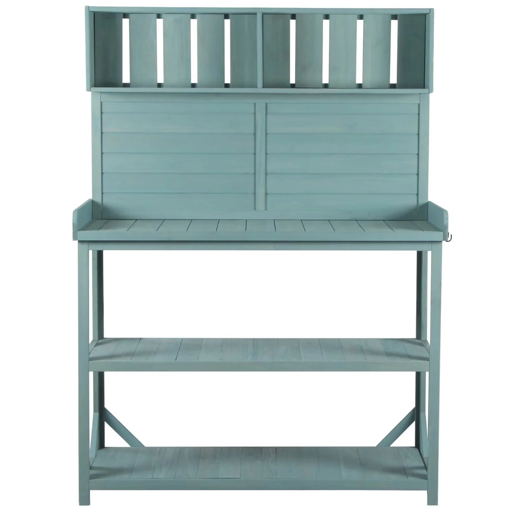 65" Outdoor Potting Bench Table, Farmhouse Wooden Garden Patio Workstation with 4 Storage Shelves and 3 Side Hooks, Multifunctional Potting Planting Table for Mudroom, Backyard, Natural