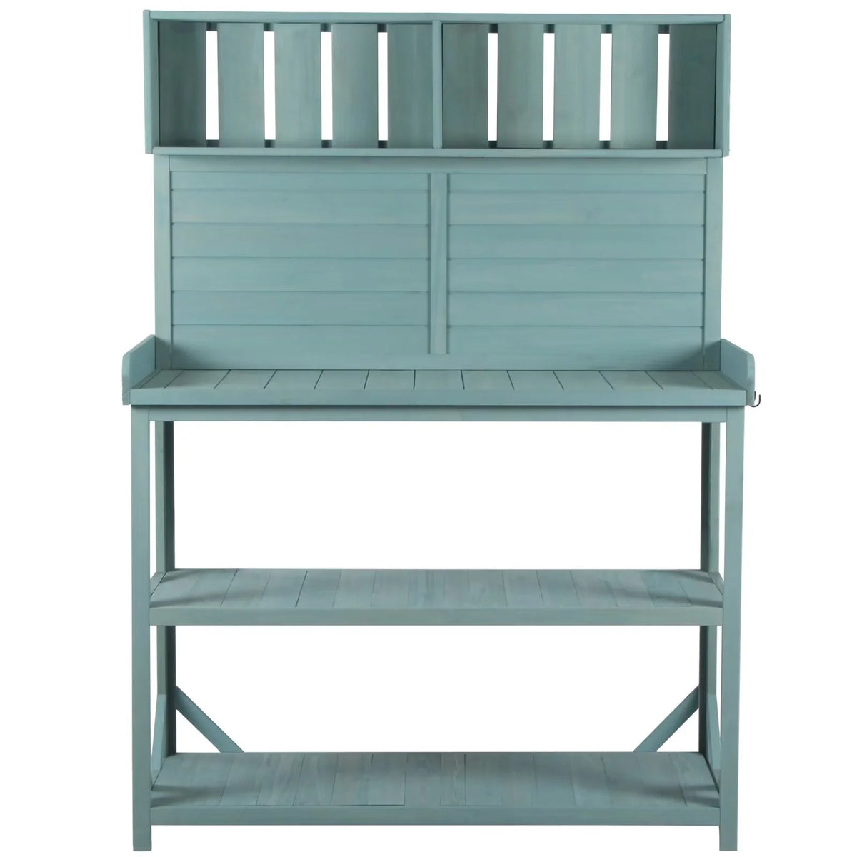 65" Outdoor Potting Bench Table, Farmhouse Wooden Garden Patio Workstation with 4 Storage Shelves and 3 Side Hooks, Multifunctional Potting Planting Table for Mudroom, Backyard, Natural
