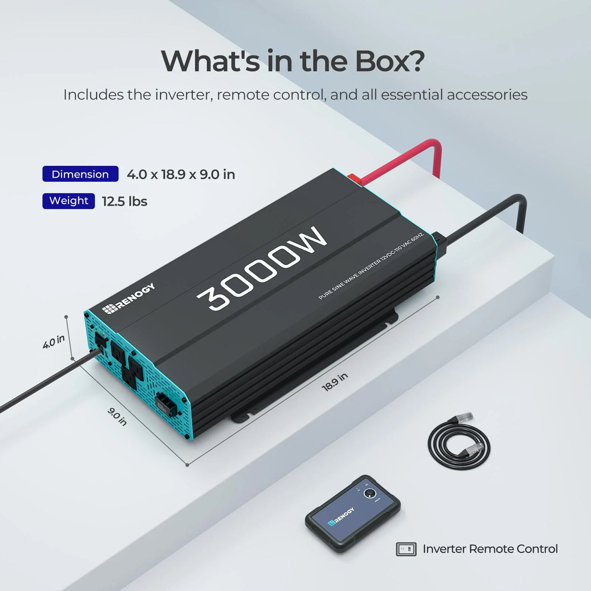 Renogy 2000W Pure Sine Wave Inverter, Power Inverter DC 12V to AC 120V, Built-in 5V/2.1A USB / Hardwire Port, Remote Controller