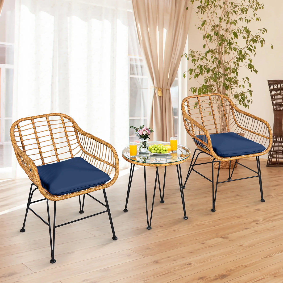 Costway 3PCS Patio Rattan Bistro Furniture Set Cushioned Chair Table Navy