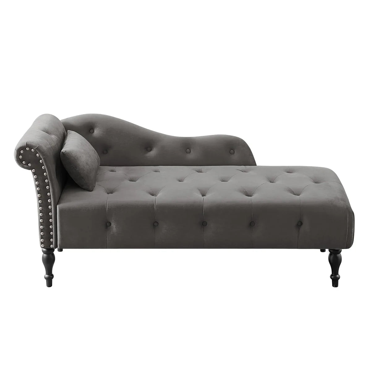 Velvet Chaise Lounge, Rolled Arm Chaise Lounges with 1 Pillow & Solid Wood Legs, 60.6" Left Arm Tufted Lounger Sleeper Sofa Facing Chaise Lounge with Buttons Tufted Nail Head Trimmed, Grey