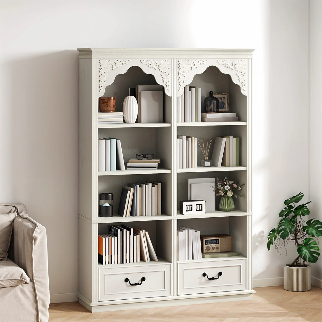 ModFusion 70" Distressed White Bookshelf with Adjustable Shelves and Two Drawers