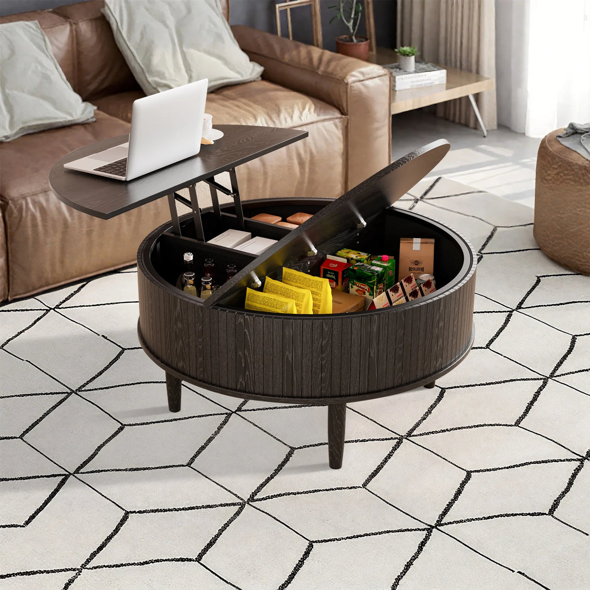 Oubayajia Round Coffee Table, Small Fluted Lift Top Center Table for Home Living Room Office, Walnut