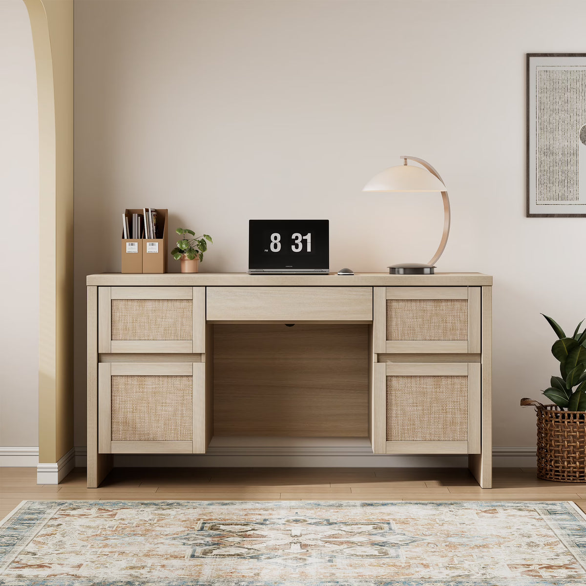 Brafab Home Office Desk with Charging Station, 5-Drawer Executive Desk with Rattan Front, Modern Farmhouse Computer Writing Desk, Built-in USB/Type-C Ports & Outlets