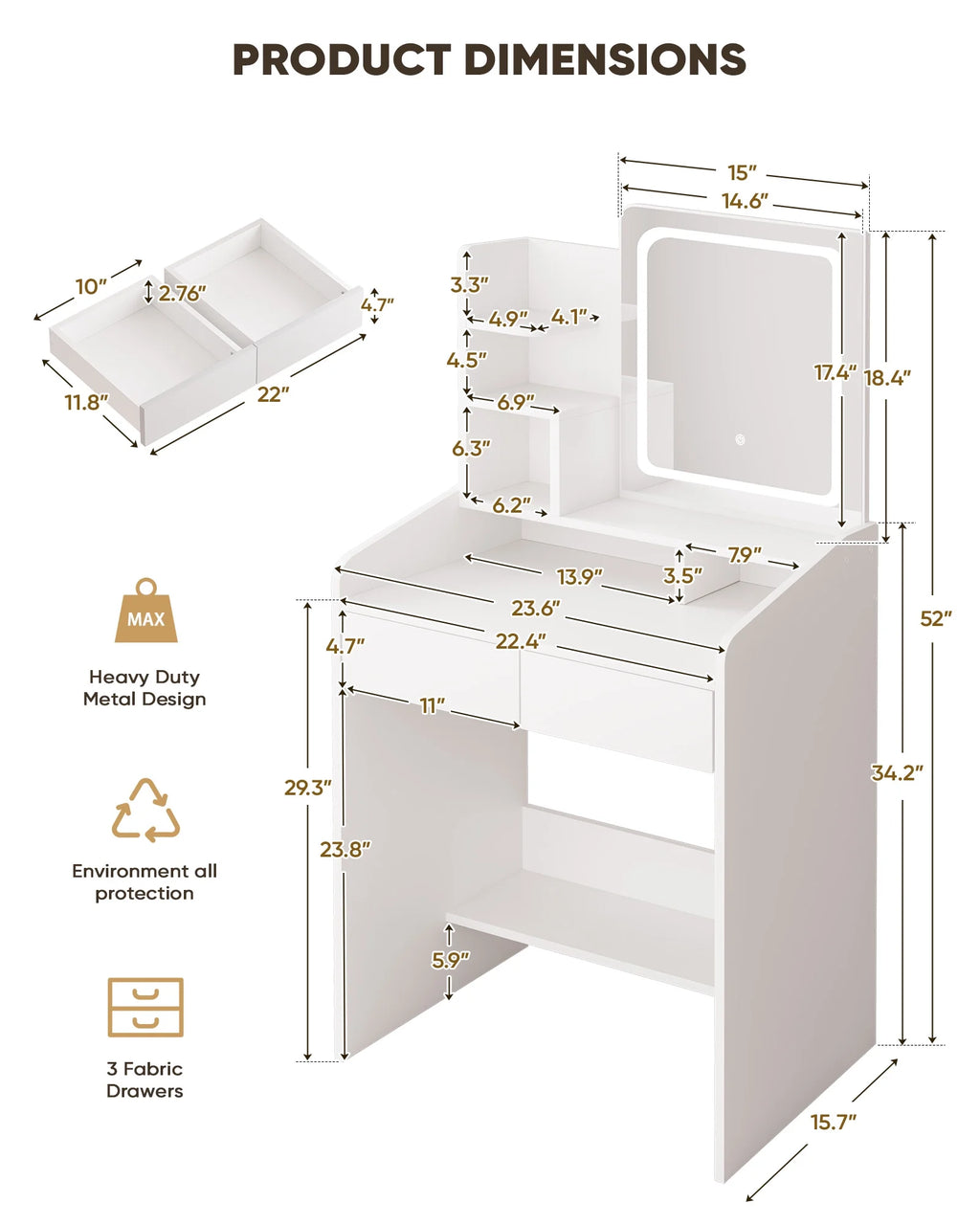 LIVELYGLOW Vanity Desk Set with Square Mirror and Light- Small Vanity Table with Drawers- White