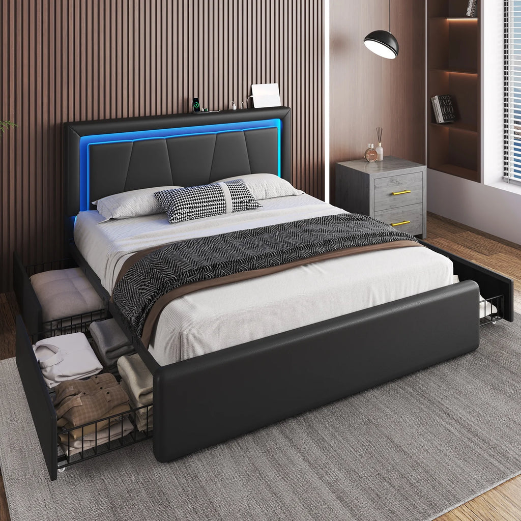 Full Size Upholstered LED Bed Frame with 4 Storage Drawers, Faux Leather Platform Bed with Adjustable Headboard, White