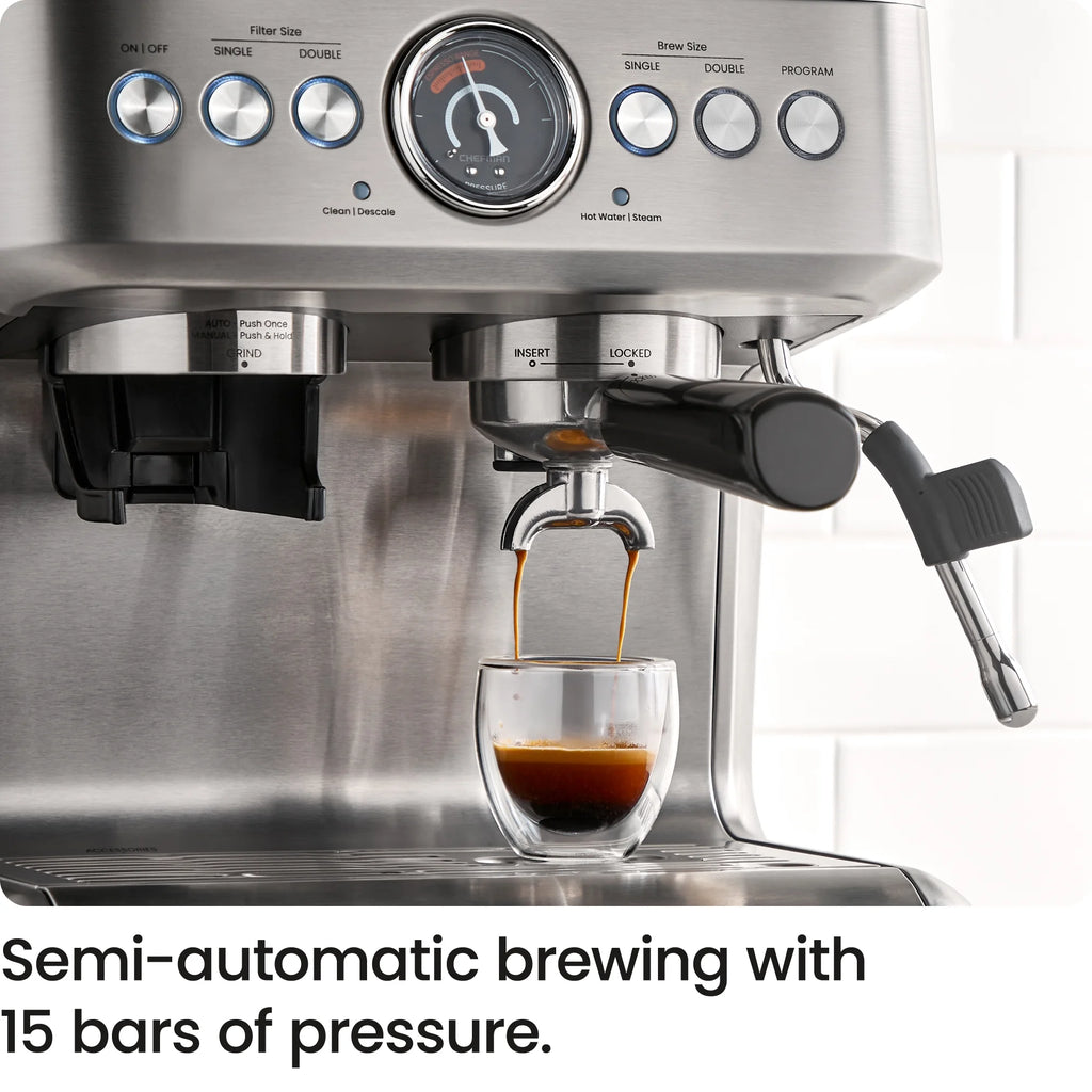 Chefman Crema Supreme Espresso Machine with Conical Burr Grinder and Steam Wand Stainless Steel, New