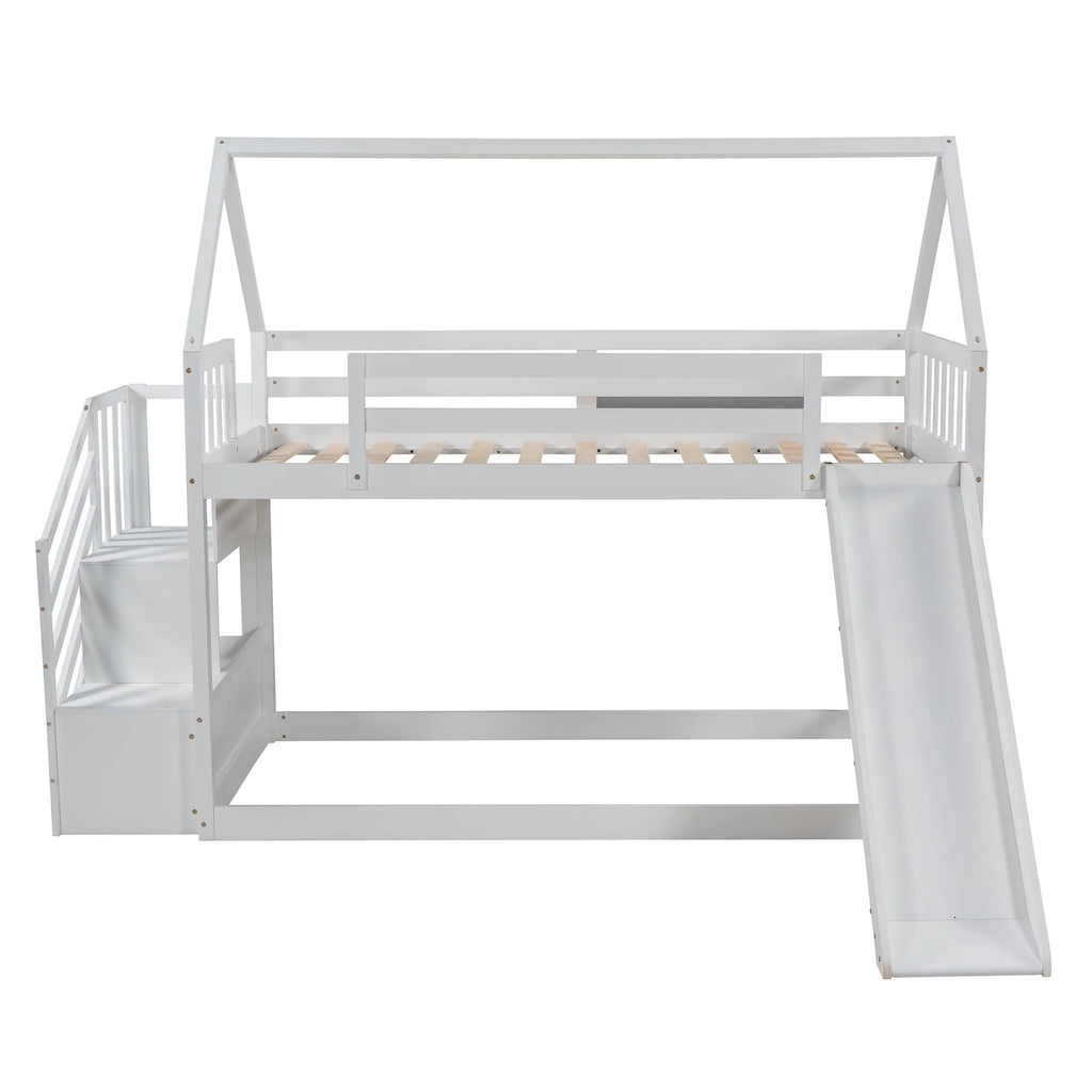 Low Bunk Bed with Slide and Stairs, Wood Twin Over Twin House Bunk Beds for Kids, Floor Bunk Bed with Stairway Easy Assembly (White)